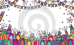 Festive background for birthday, children`s party with garlands, fireworks, gift boxes. Vector banner copy space.